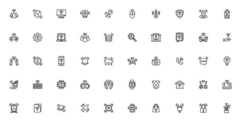 Internet of Things icon set. IoT vector icons pack. inimal outline symbols forsmart devices, connectivit, technology, security, daa and more. Editable vecto.