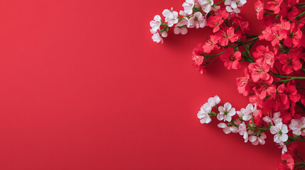 Bright red backdrop with blooming pink and white flowers arranged artistically for a cheerful decoration