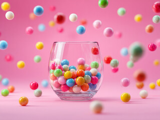 Colorful candy balls filling a clear glass on a pink background creating a vibrant scene of joy and sweetness