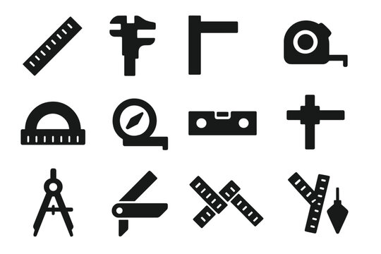Measuring Instruments Icons. Solid style icons of measuring instruments: ruler, caliper, square, tape measure, protractor, angle