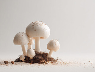 Mushrooms grow in soil, showcasing their unique shapes and textures in a natural setting
