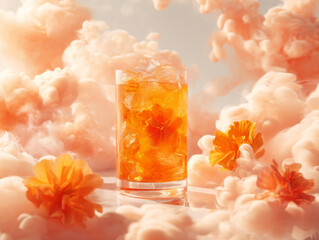 Refreshing drink surrounded by colorful flowers and soft clouds creates a dreamy summer vibe