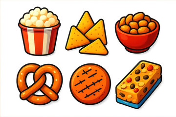 Vibrant Snack Icons. 3D icon set of snack foods: popcorn bucket, corn chips, roasted nuts, pretzel, rice cracker, granola bar. A