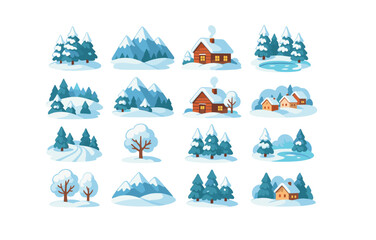 Cozy winter landscape with snowy trees, mountains, and houses