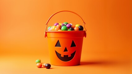 An orange bucket filled with candy sitting on top of an orange floor.