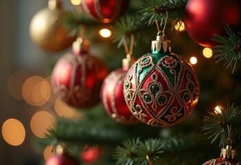 Charming Vintage Ornaments Adorning a Festive Christmas Tree with Rich Colors and Traditional Feel