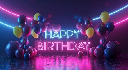 Vibrant electric pink and blue neon party scene with lights and balloons for celebration theme