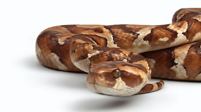 Close-up of a coiled snake on white background.