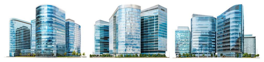 Obraz premium PNG Modern glass office buildings, element set on transparent background