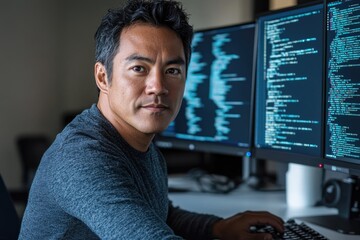A focused Asian male developer works at a multi-monitor setup, actively coding and reviewing complex software.