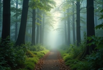 Obraz premium Enchanting Misty Forest Path Towering Trees Tranquil Wilderness Inviting Nature Scene