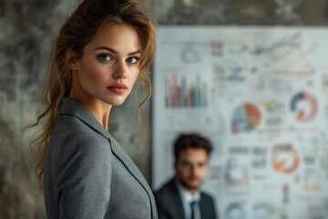 A confident young businesswoman in a grey suit gazes intently, standing before a blurred office background with charts and a male colleague. Professional corporate setting.