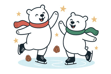 Joyful Cartoon Polar Bears Ice Skating on Winter Night — Festive Vector Design for Apparel