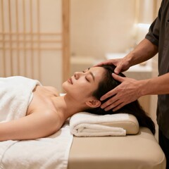 Woman receiving a head massage in a spa with a therapist applying pressure to her head and scalp area