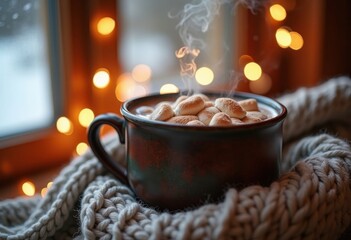 Inviting Hot Cocoa Mug with Melting Marshmallows Surrounded by Cozy Winter Elements and Soft Textures