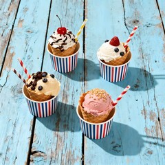 Four ice cream cups with different toppings on a blue wooden surface with straws inserted in each