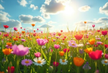Fototapeta premium Lush Vibrant Wildflower Fields in Spring Full Bloom With Colorful Blooms and Lively Nature Scene
