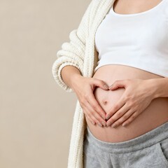 Pregnant woman holding hands in heart shape on belly wearing white top and grey sweatpants indoors