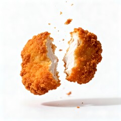 A single fried chicken nugget split in half floating in the air on a plain white background studio shot