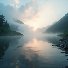 Fototapeta premium Serene Riverside Fog Dawn Landscape Tranquil Nature Reflection Morning Calm Rippling Water