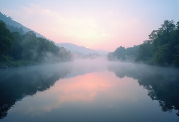 Fototapeta premium Serene Riverside Fog Dawn Tranquil Water Reflection Misty Nature Scene Aesthetic Calmness Morning Quiet