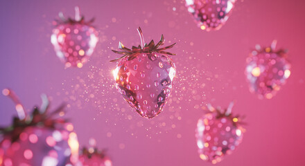 A 3D render of a shiny crystal strawberry floating on a pink sparkling background. Luxurious, vibrant, and modern concept perfect for digital art, wallpaper, or product design.