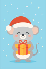 Cute Christmas Mouse Holding Gift Box in Modern Flat Design