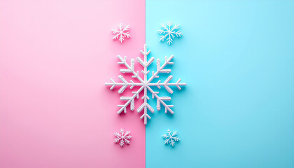 White snowflake on pastel pink blue background