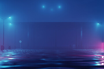3D Rendering of an empty parking lot with puddles and street lamps in fog at night