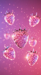 A 3D render of a shiny crystal strawberry floating on a pink sparkling background. Luxurious, vibrant, and modern concept perfect for digital art, wallpaper, or product design.