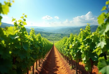 Vibrant Lush Green Vineyard Under Clear Blue Skies Abundant Grapevines Sunlit Valleys
