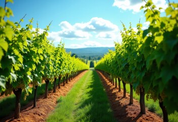 Naklejka premium Vibrant Lush Vineyard Rows Under Bright Summer Skies with Leafy Vines and Rich Green Foliage