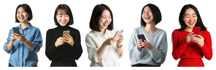 PNG Women enjoying smartphone communication, element set on transparent background