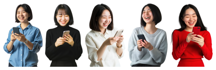 PNG Women enjoying smartphone communication, element set on transparent background