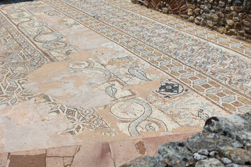 Colorful Roman mosaics in Heraclea Lyncestis, historic site near Bitola, North Macedonia, popular among cultural tourists and history lovers
