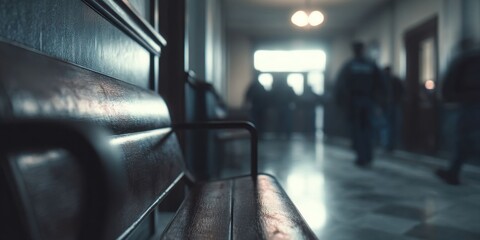 Close-Up of Police Station Bench in Hallway Amidst Emergency Scene