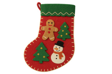Christmas stocking with gingerbread man, snowman, and christmas trees cutout on transparent background for holiday design