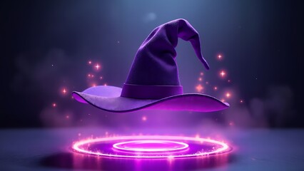 A purple witch hat floating on top of a glowing circle.