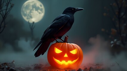 A black crow perched on top of a carved pumpkin.