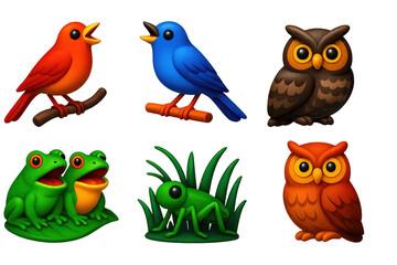 Nighttime Melody Icons. 3D icon set of night-singing birds: nightingale, mockingbird, whip-poor-will, tawny owl, tree frog chorus,