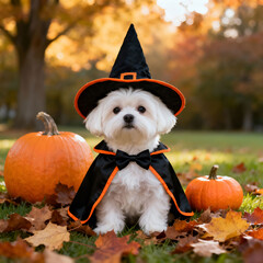 A white maltese dog wearing a witch costume with pumpkins and fall leaves in a park setting