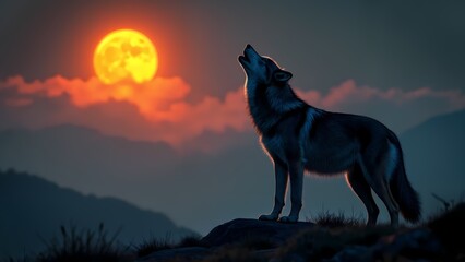 A wolf standing on a rock looking up at the sun.