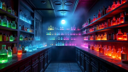 A dimly lit room filled with lots of bottles of alcohol.