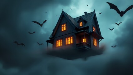 A house with three windows and a dark roof surrounded by bats.