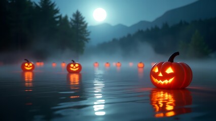 A row of carved pumpkins sitting on top of a lake.