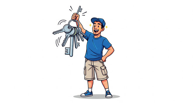 Homem sorridente segurando ma&ccedil;o de chaves sobre fundo branco.