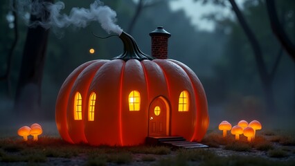 A large orange pumpkin sitting on top of a lush green field.
