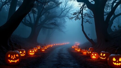A row of carved pumpkins sitting on the side of a road.