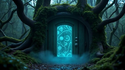 A green door in the middle of a forest.