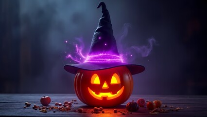 A glowing pumpkin with a witch hat on top of it.